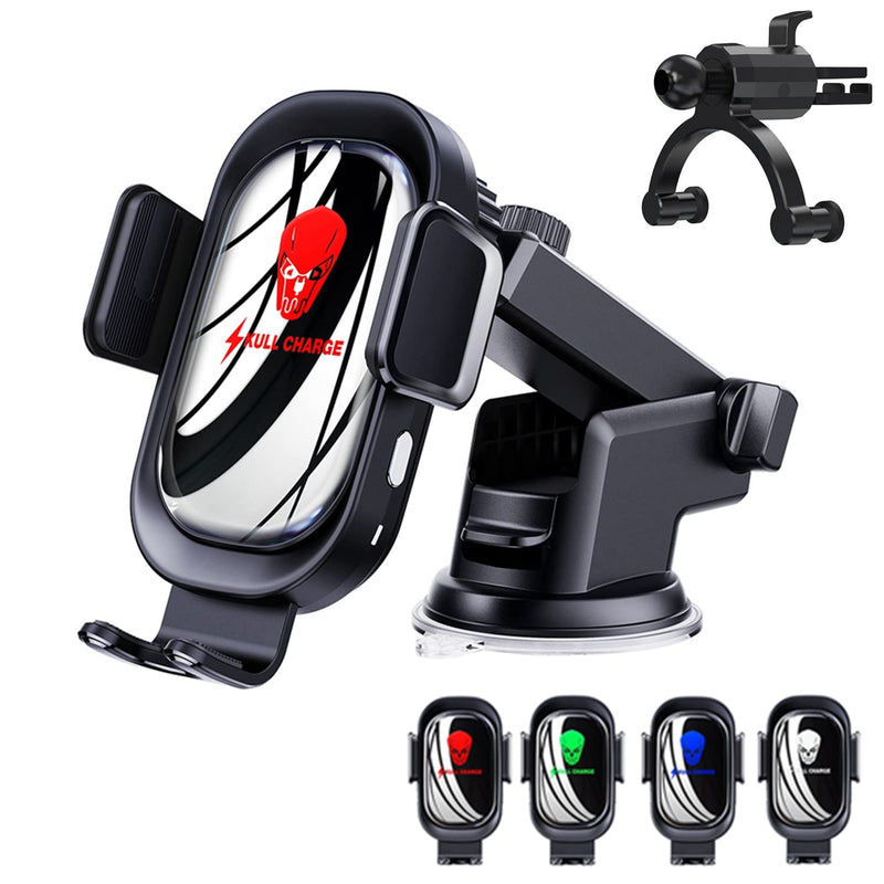 Wireless Car Charger, Qi 15W Fast Charging, Car Phone Holder Mount, Vent Dashboard Car Mount, Long Arm Hands Free Cell Phone Holder [Skull Atmosphere Light] (Green_Light) Green_Light