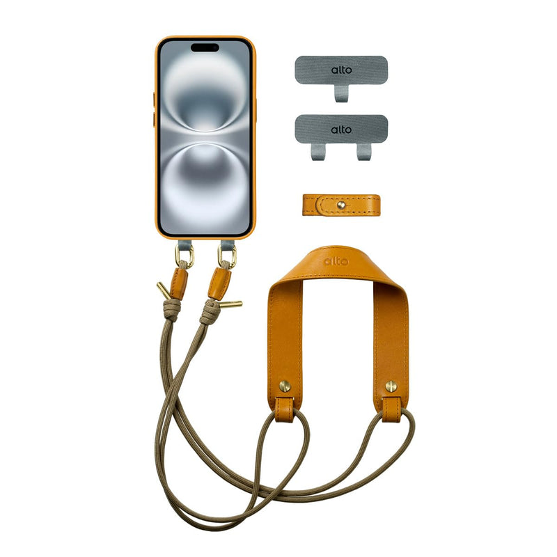alto Universal Cell Phone Crossbody Lanyard Shoulder Pad Set, Detachable Patch, Adjustable Nylon Strap with Italian Leather Pads for iPhone and Android Full Body Phone Cases (Caramel Brown) Caramel Brown