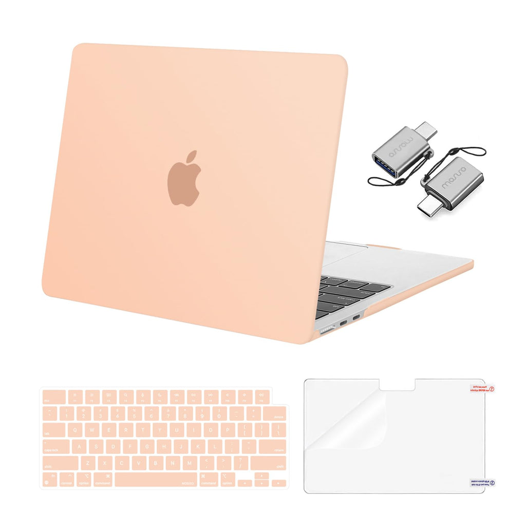 MOSISO Compatible with MacBook Air 13.6 inch Case 2022 2023 2024 Release M3 A3113 M2 A2681 with Touch ID, Plastic Hard Shell Case&Keyboard Cover&Screen Protector&Type C Adapter 2 Pack, Pastel Orange