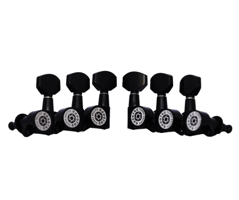 Guitar Machine Heads (3R + 3L) – 1:15 Gear Ratio Sealed Tuning Key Pegs Tuners Set with Hexagonal Shaped Knob Replacement, (E-1001, Black) 3R + 3L