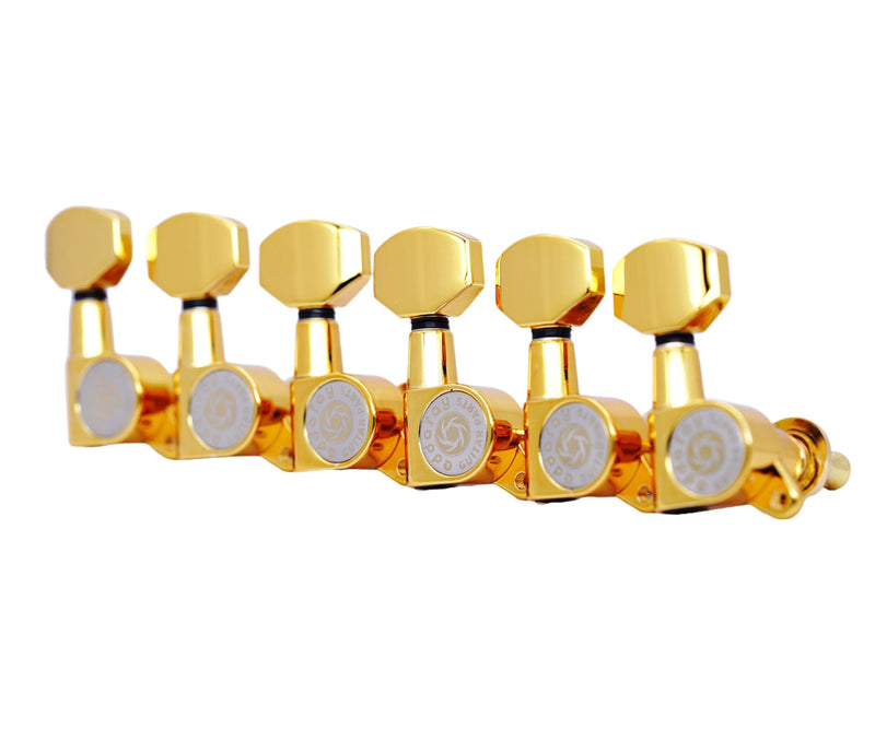 6 In-line Guitar Machine Heads 6 Right Hand – 1:15 Gear Ratio Sealed Tuning Key Pegs Tuners Set with Hexagonal Shaped Knob Replacement, (E-1001, Gold) 6 for Right