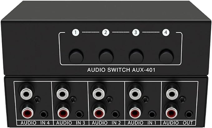 RCA AUX Audio Switcher 4 in 1 out, BolAAzuL Stereo Audio Selector 4X1 Passive 3.5mm Aux L/R RCA Audio Switch Box Analog Audio Selector