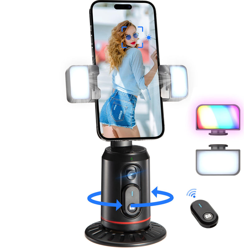 [AUSTRALIA] - Auto Face Tracking Phone Holder, 360° Rotation Face Body Phone Tripod Smart Shooting Camera Mount with Rechargeable Remote and Light for Live Vlog Streaming Video, Rechargeable BLACK 
