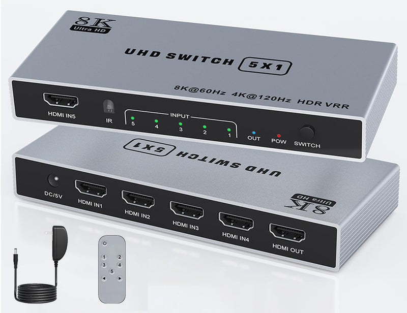 [AUSTRALIA] - 8K HDMI Splitter 5 in 1 Out HDMI Switch - 4k 120Hz HDMI 2.1 Switch Box Port Expander Selector with Remote Support 3D/HDR/HDCP2.3 Vision, Compatible with PS 5/4/3 Xbox Switch DVD Player TV PC 