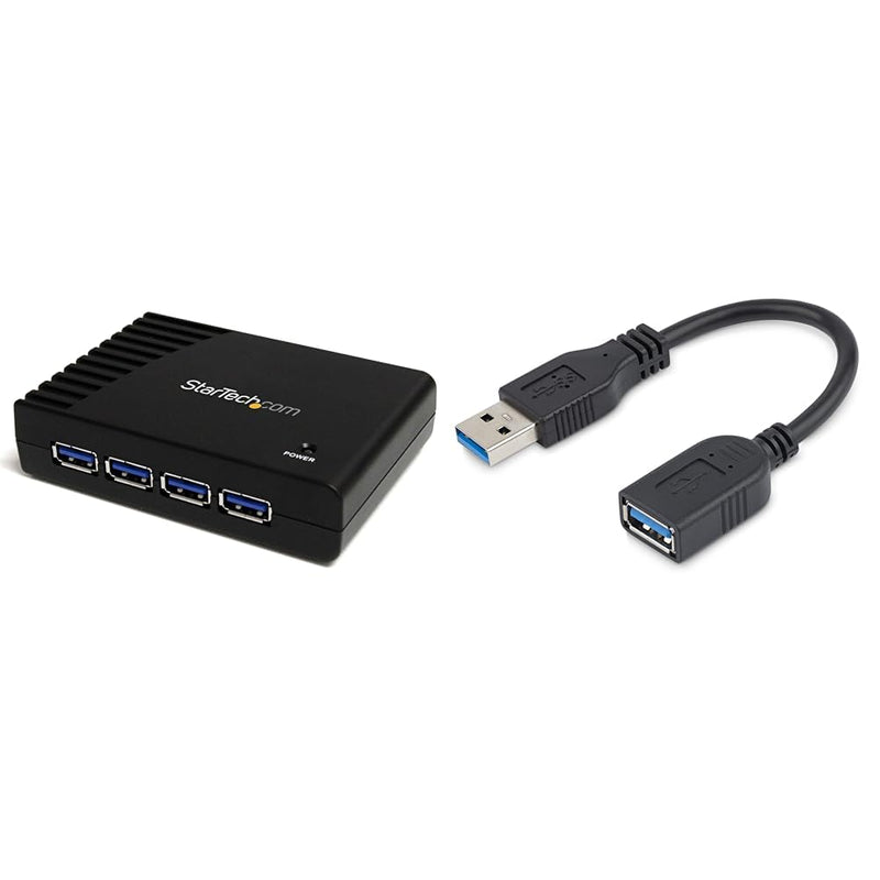 StarTech.com 4-Port USB 3.0 SuperSpeed Hub with Power Adapter - 5Gbps & 6in Short USB 3.0 (5Gbps) Extension Adapter Cable (USB-A Male to USB-A Female)