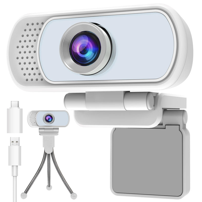[AUSTRALIA] - Webcam with Microphone,Webcam 1080p White,USB Web Camera 110-Degree View Angle Computer Camera,Webcam Tripod/Privacy Cover/USB C Adapter Include,Plug and Play for Video Conferencing 