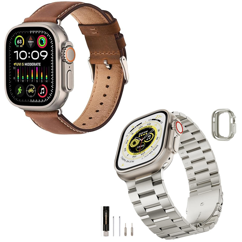 SUNFWR Compatible with Apple Watch Band 49mm for Men Women, Stainless Steel Metal iWatch Band with Case + Top Grain Genuine Leather Band for Apple Watch Ultra/Ultra 2