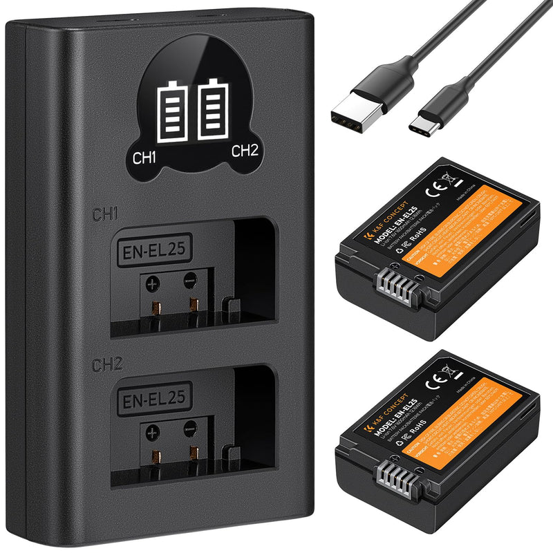 K&F Concept 1600mAh EN-EL25 EN-EL25A Battery and Charger Set, 2 Pack for Nikon Z30 Z50 ZFC Camera, Replacement Batteries with LCD Dual Slot Charger