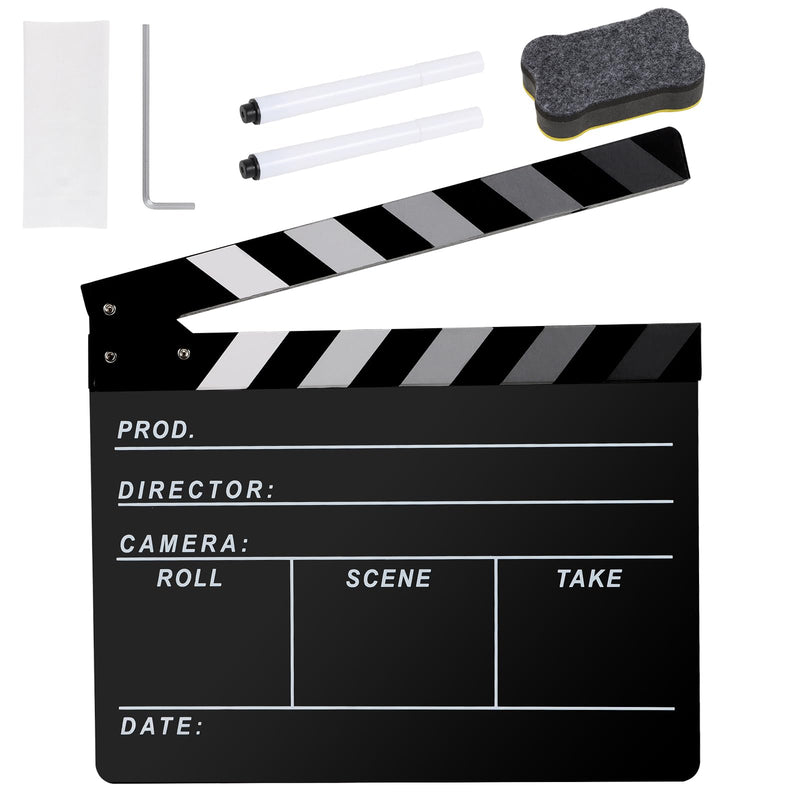 Film Directors Clapboard, Move Slate Photography Video TV Cut Action Scene Acrylic Clapper Board Props with a Magnetic Blackboard Eraser, Two Custom Pens, Cleaning Cloth and Hex Wrench (Black) Black
