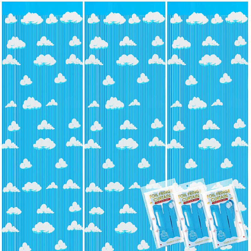 XunYee 3 Pack Blue Sky White Clouds Birthday Party Supplies, Clouds Theme Tinsel Foil Fringe Curtains Toy Party Supplies, Baby Kids Shower Cartoon Story Birthday Party Decorations