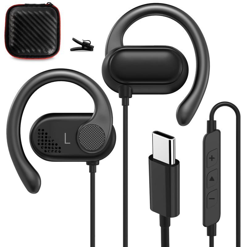 Open Ear Headphones Wired for Samsung S24 Ultra S23 Fe S22+ A35, USB Type C Earphone with Mic Over Ear Wired Earbuds with Ear Hook for iPhone 15 Pro Max Plus iPad 10 Air Pixel 8a 8 7 Pro OnePlus 12 11