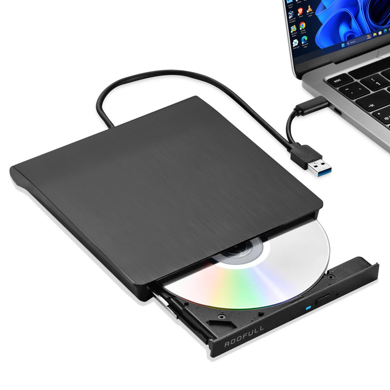 ROOFULL External CD DVD Drive for Windows 11/10/7 Laptop PC, USB 3.0 & USB-C CD DVD ROM Reader Writer +/-RW Disc Drive Burner Player Compatible for Windows OS Laptop Desktop Computer