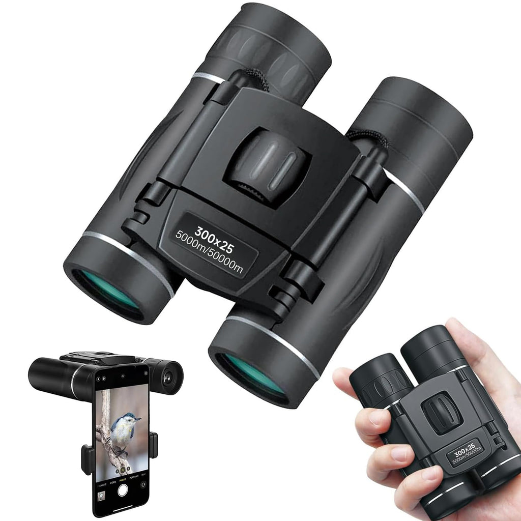 300x25 Binoculars for Adults and Kids, High Powered Mini Pocket Binoculars with Phone Adapter, Waterproof Compact Binoculars for Bird Watching, Hunting, Concert, Theater, Opera, Traveling, Sightseeing Black