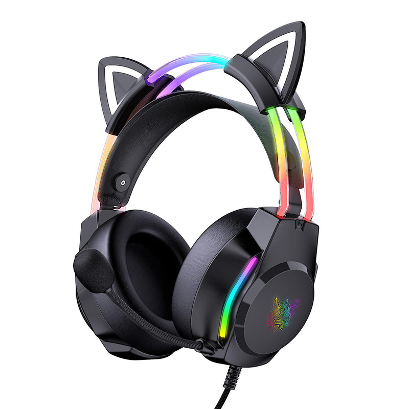 Gaming Headset with Microphone, Cat Ear Headphones for PC Laptop PS4 PS5 Xbox Switch, Rainbow RGB Lighting & Virtual Surround Sound, 3.5mm Wired Over Ear Headphones, Ergonomic Black Cat Ear