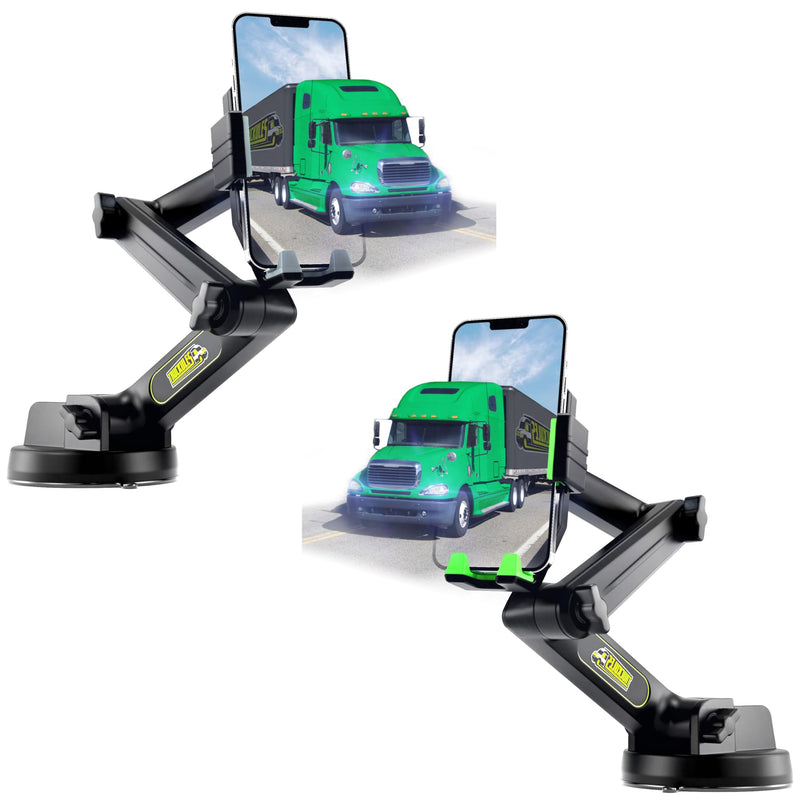 Gray Semi Truck Phone Mount & Green Semi Truck Phone Mount, Heavy Duty Cell Device Holder for Dashboard Windshield 16.9 inch Long Arm, Stable and Super Suction Cup (2 Device Mounts)