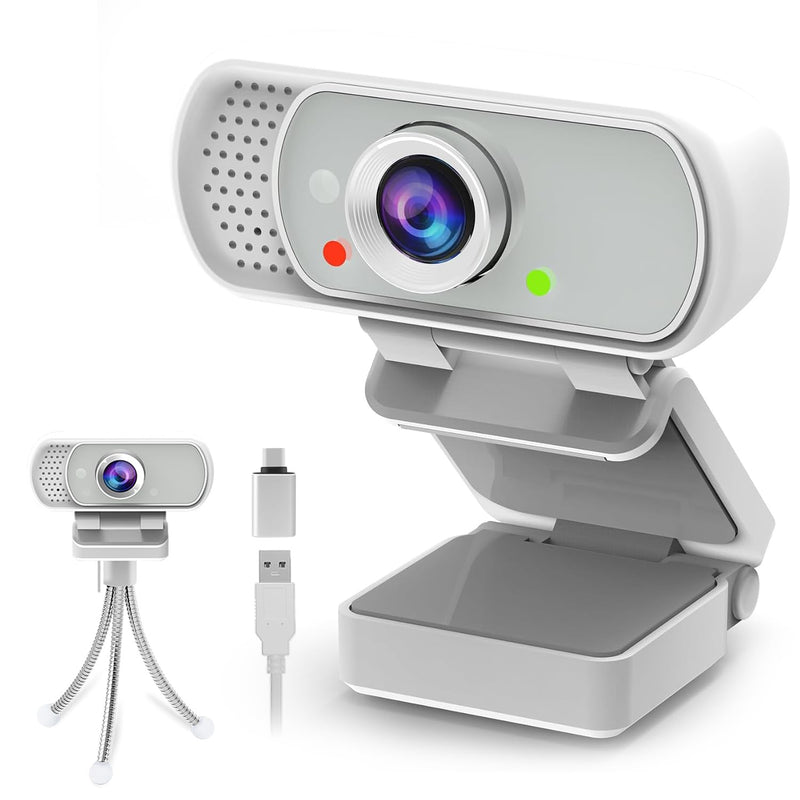 Webcam with Tripod Privacy Shutter: 1080P FHD Web Camera with Mic, Plug & Play USB A USB C Webcam with Stand, White Wide Angle Noise-Canceling Microphone Compact Web Cam for Online Meeting Classes White USB-C Webcam Cover & Tripod