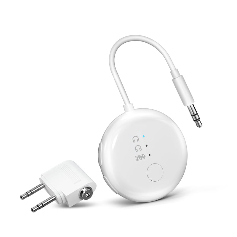 Avantree SoundJet R1 [2025 New] - Airplane Bluetooth 5.3 Adapter for up to 2 AirPods or Headphones with Low Latency and 20hr Playtime, Wireless Audio Transmitter for Flights, Travel, Gym, TV, Tablet White - With Dual Adapter