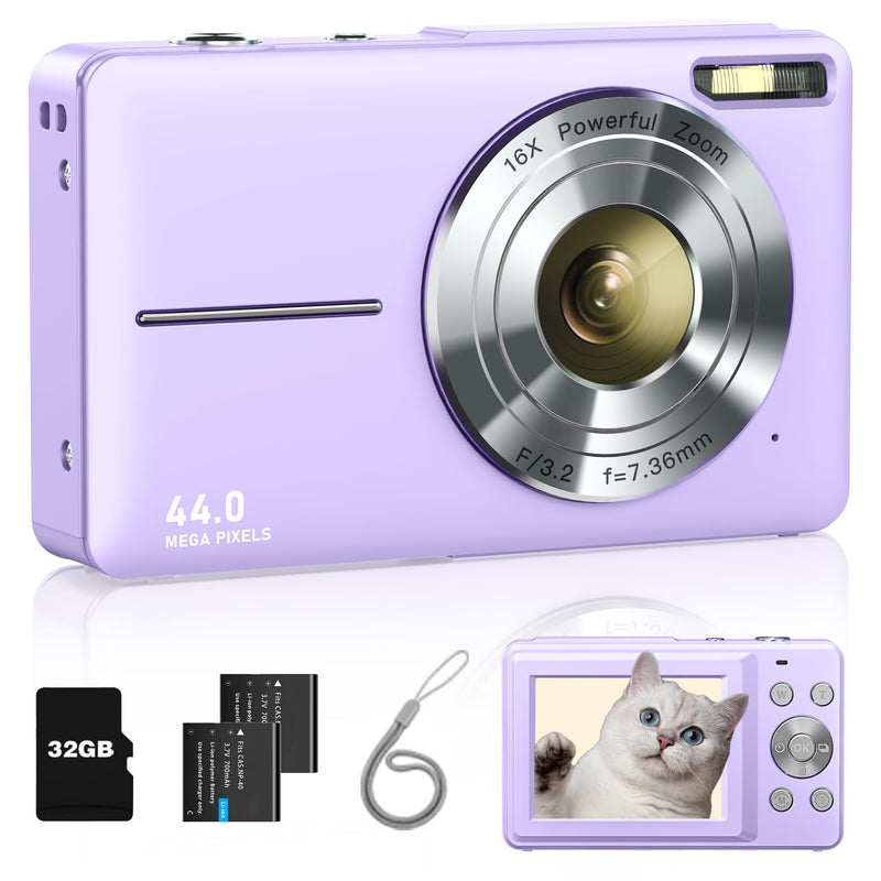 Digital Camera, FHD 1080P Kids Camera with 32GB Card, 2 Batteries, Lanyard, 44MP 16X Zoom Anti Shake, Compact Portable Point Shoot Mini Camera for Kids Teens Students Children Girls Boys(Purple) Purple