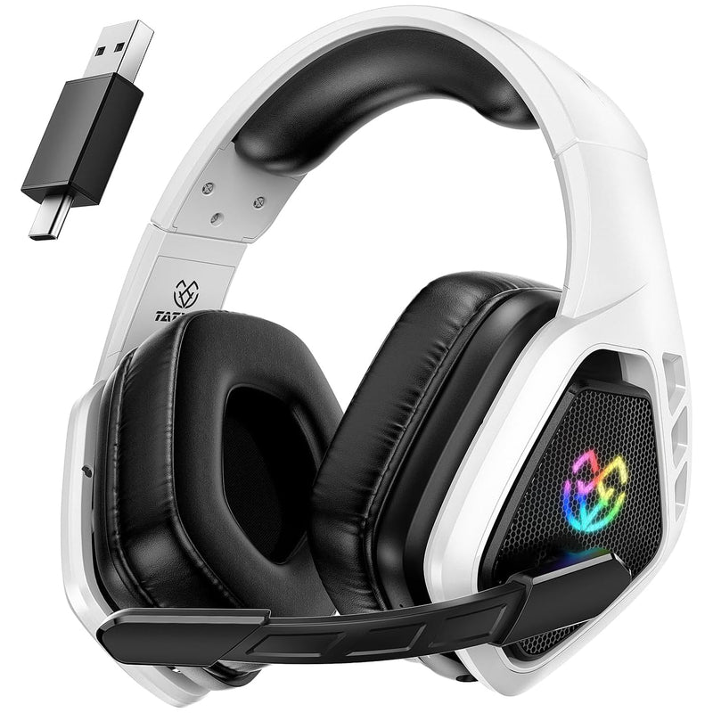 Tatybo Wireless Gaming Headset for PC, Ps5, Ps4, 2.4 Ghz USB & Type-C Gaming Headphones with Microphone, 30H Battery Bluetooth Headphones for Switch, Laptop, Mobile, Mac White Black