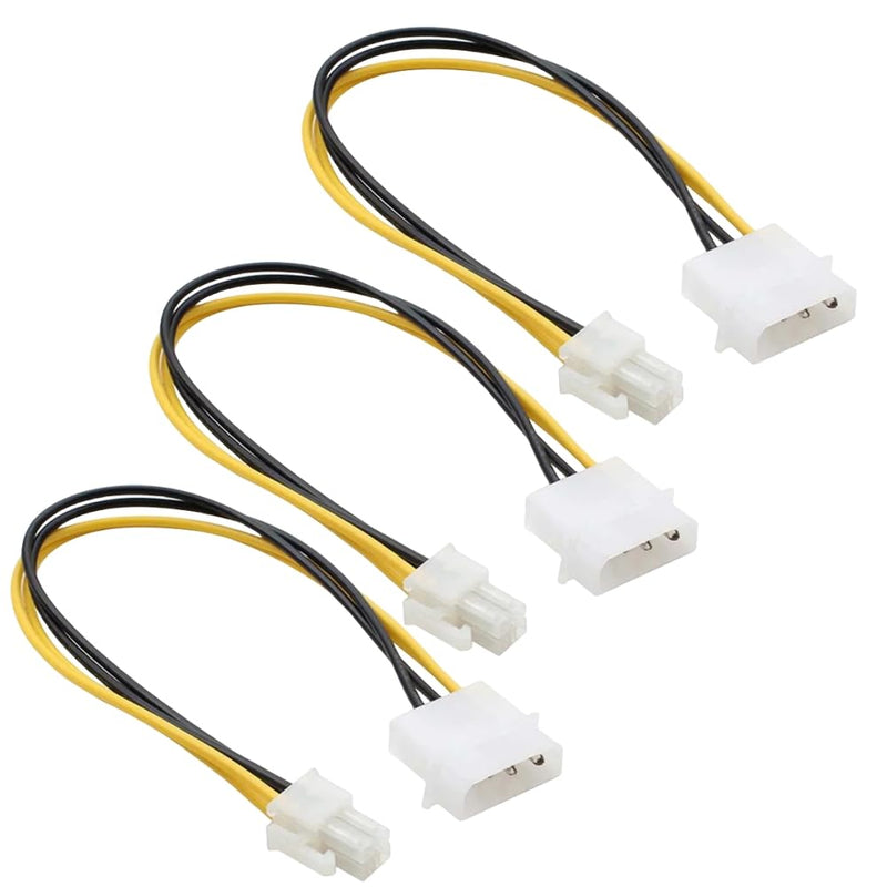 3-Pack LP4 Molex Male to ATX 4 pin Male Auxiliary Power Adapter Cable 9.5-inch (24cm), Black