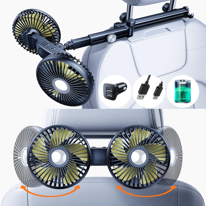 Rechargeable Fan for Car Backseat Kids with Retractable Long Arm | 360° Rotatable 3 Speeds Separate Control Car Seat Fan for Dogs Kids for Vehicles SUV RV, With Car Charger & USB C Cable Yellow - Battery