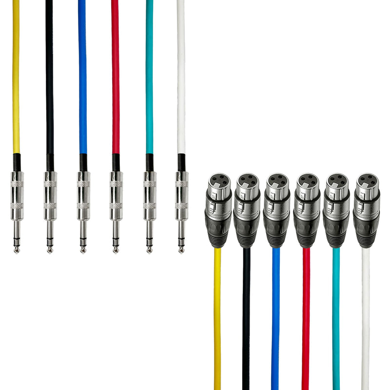 [AUSTRALIA] - AxcessAbles XLR Female to 1/4" TRS Balanced 15ft Speaker Color Cable Pack | Balanced Speaker, Microphone Snake Cords (15ft - 6 Pack) XLR Female to 1/4 TRS 