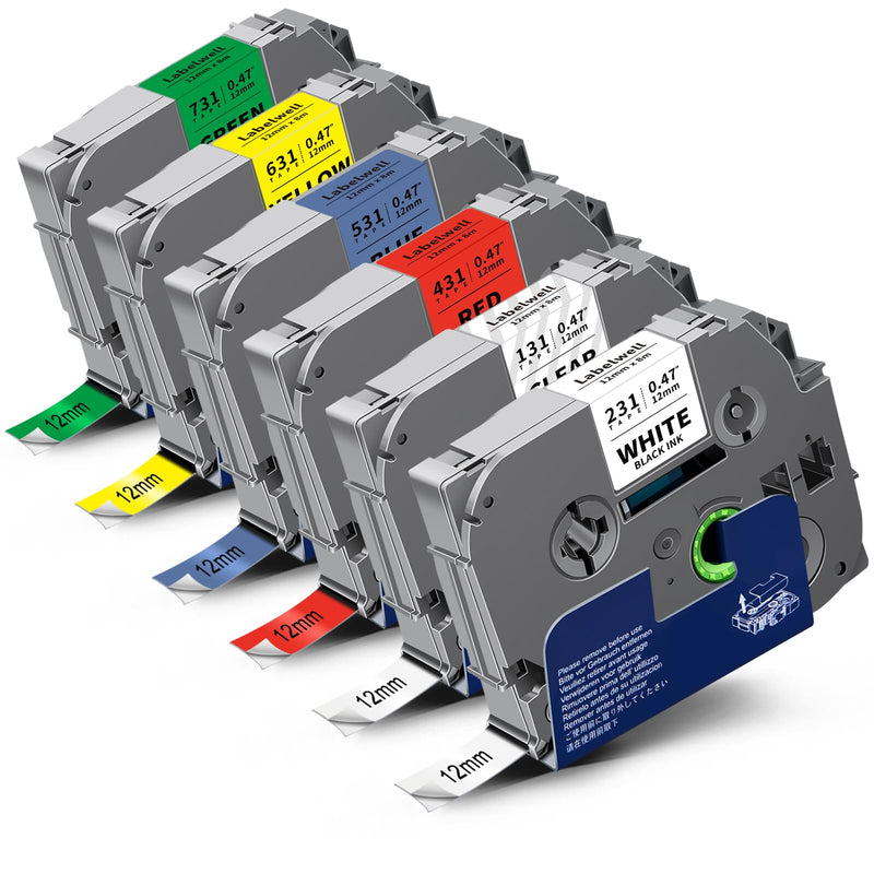 [AUSTRALIA] - 6-Pack 12mm 0.47 Laminated Multi Color Replacement for Brother P Touch Label Tape TZ TZe-231 131 431 531 631 TZe231 for PTouch PT-H110 D210 D220 PT-H103W, Clear/White/Red/Blue/Yellow/Green Black on Clear/White/Red/Bule/Yellow/Green 12mm 0.47 inch 