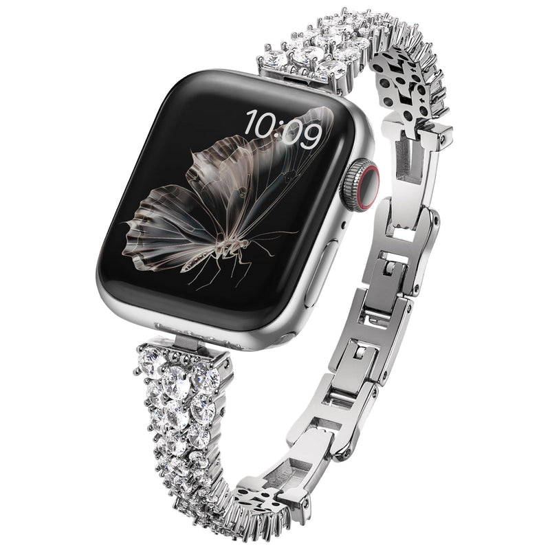 Zircon Gems Bling Strap Compatible for Apple Watch Bands Women, Premium Bronze Metal Watch Bands Compatible with iWatch Series 9 8 7 6 5 4 3 2 1 SE 38mm 40mm 41mm 42mm 44mm 45mm (Diamond/Silver, 42mm(Series 10)/41mm/40mm/38mm) Diamond/Silver