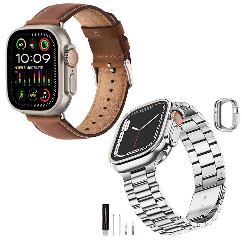 SUNFWR Compatible with Apple Watch Band 45mm 44mm 42mm for Men Women, Stainless Steel Metal iWatch Band with Case + Top Grain Genuine Leather Band for Apple Watch Series Ultra 9/8/7/6/5/4/3/2/1/SE/SE2