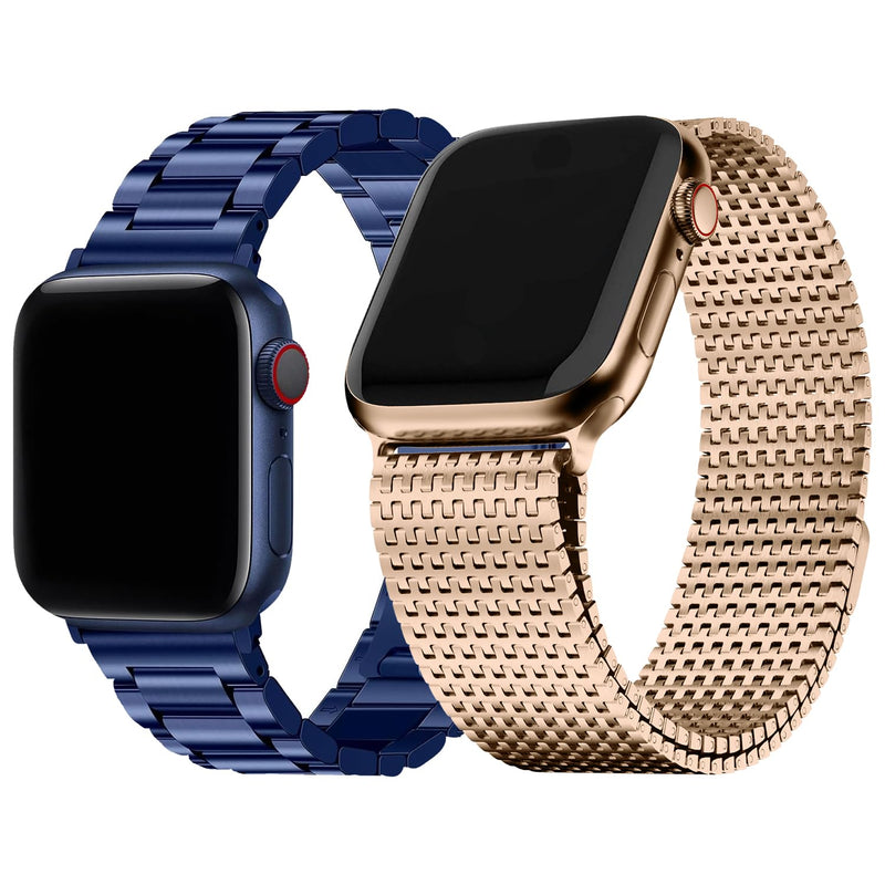 Fullmosa Compatible Stainless Steel Apple Watch Band 44mm/45mm/42mm Blue with Case & Compatible Metal Apple Watch Band 44mm/45mm/42mm with Case,Rose Gold