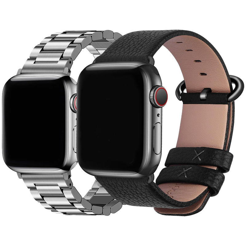 Fullmosa Compatible Stainless Steel Apple Watch Band 44mm/45mm/42mm Silver with Case & Compatible Leather Apple Watch Band 44mm/45mm/42mm,Black