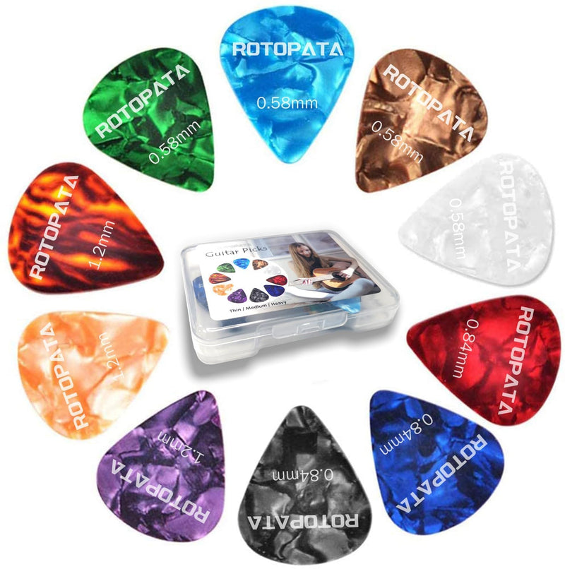 12 Pack Guitar Picks Plectrums with Organizer Storage Box, 0.58 0.84 1.2 mm Includes Thin Medium Heavy Thickness & Variety Colorful Celluloid Plectrums for Bass Electric Acoustic Guitars Ukulele
