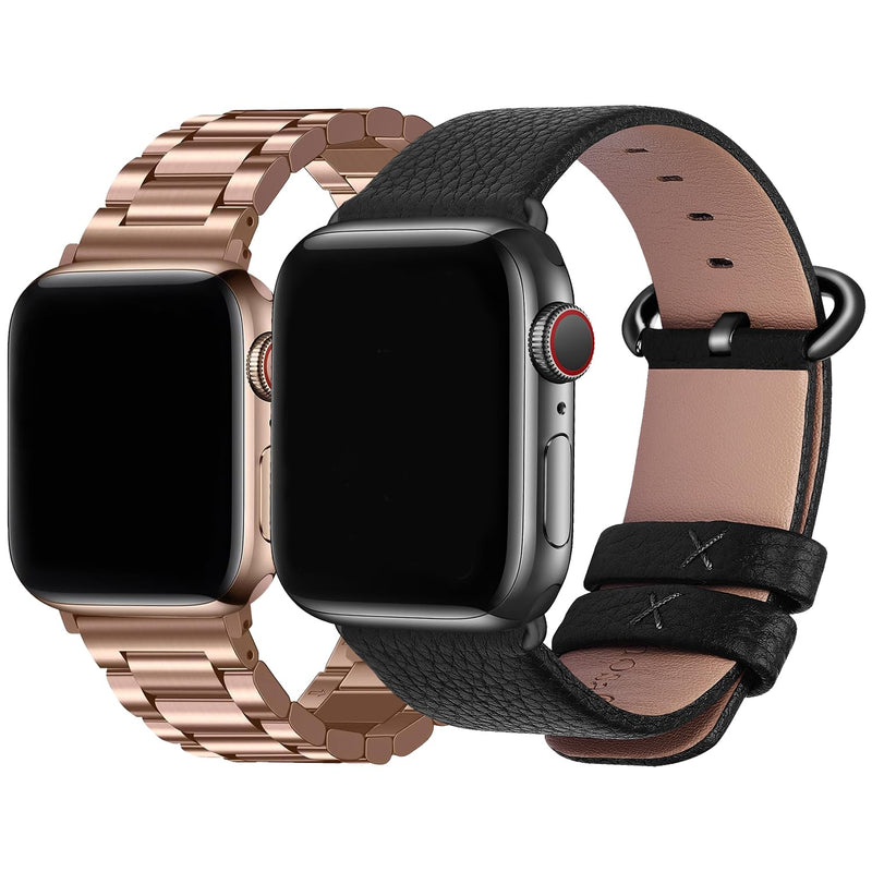 Fullmosa Compatible Stainless Steel Apple Watch Band 44mm/45mm/42mm Rose Gold with Case & Compatible Leather Apple Watch Band 44mm/45mm/42mm,Black
