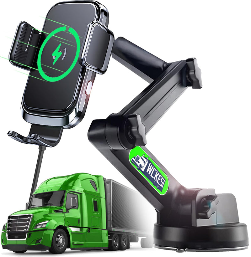 Truck Phone Holder Wireless Car Charger Mount, 15W Fast Charging | 14-Inch Long Arm, Strong Vacuum Dashboard & Windshield Mount, Heavy Duty Trucks and Pickup Accessories, for iPhone Samsung LG black--Wireless Charger