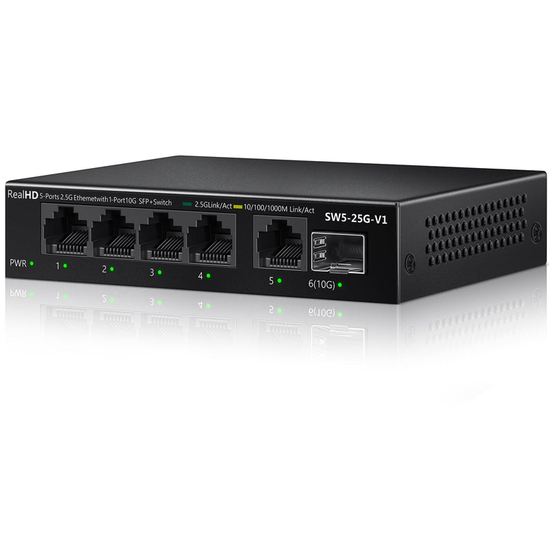 5 Port 2.5Gb Ethernet Switch Unmanaged Network Switch Splitter | Metal Casing | 5 x 2.5 Gigabit | 1 x 10G SFP+ | Multigig Switch 10-100-1000Mbps | 45G Bandwidth | Fanless Internet Switch 6