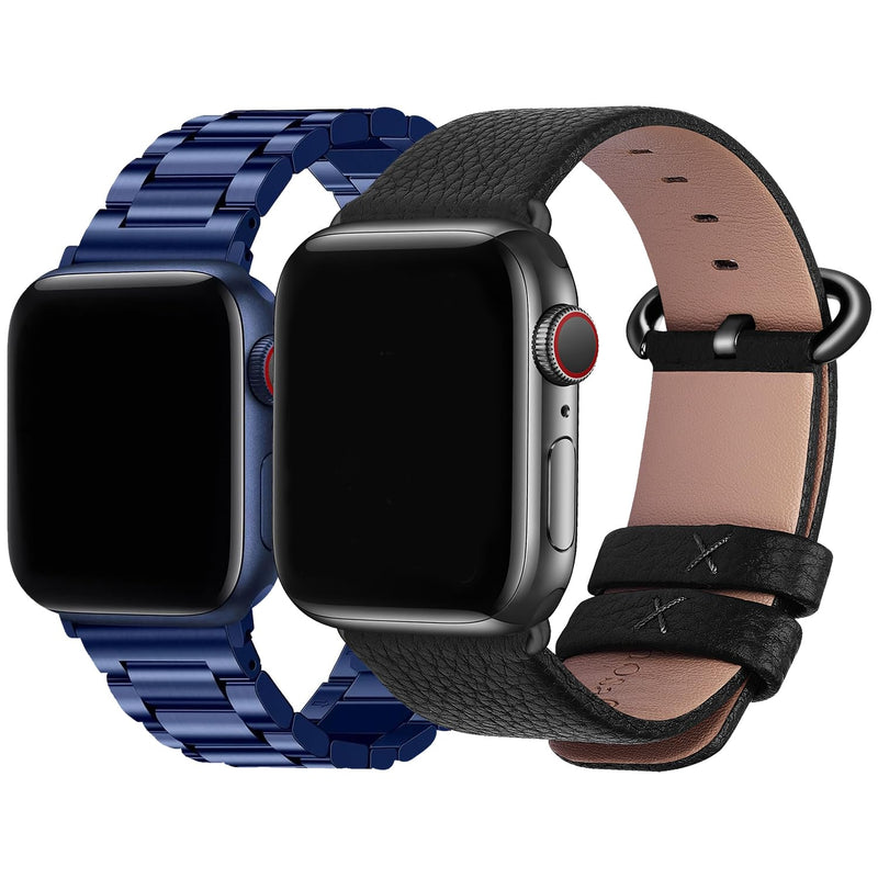 Fullmosa Compatible Stainless Steel Apple Watch Band 41mm/40mm/38mm Blue with Case & Compatible Leather Apple Watch Band 41mm/40mm/38mm,Black