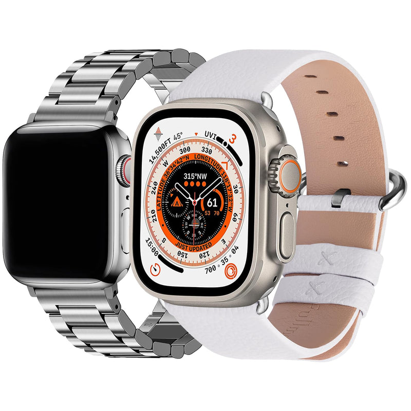 Fullmosa Compatible Stainless Steel Apple Watch Band Ultra/Ultra2 49mm Silver with Case & Compatible Leather Apple Watch Band Ultra/Ultra2 49mm,White