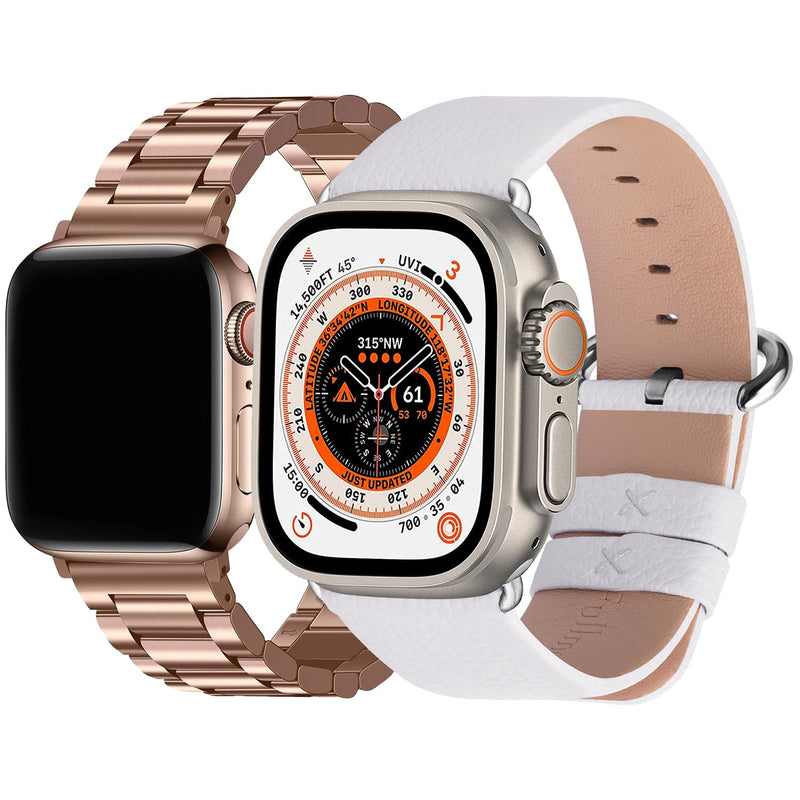 Fullmosa Compatible Stainless Steel Apple Watch Band 41mm/40mm/38mm Rose Gold with Case & Compatible Leather Apple Watch Band 41mm/40mm/38mm,White