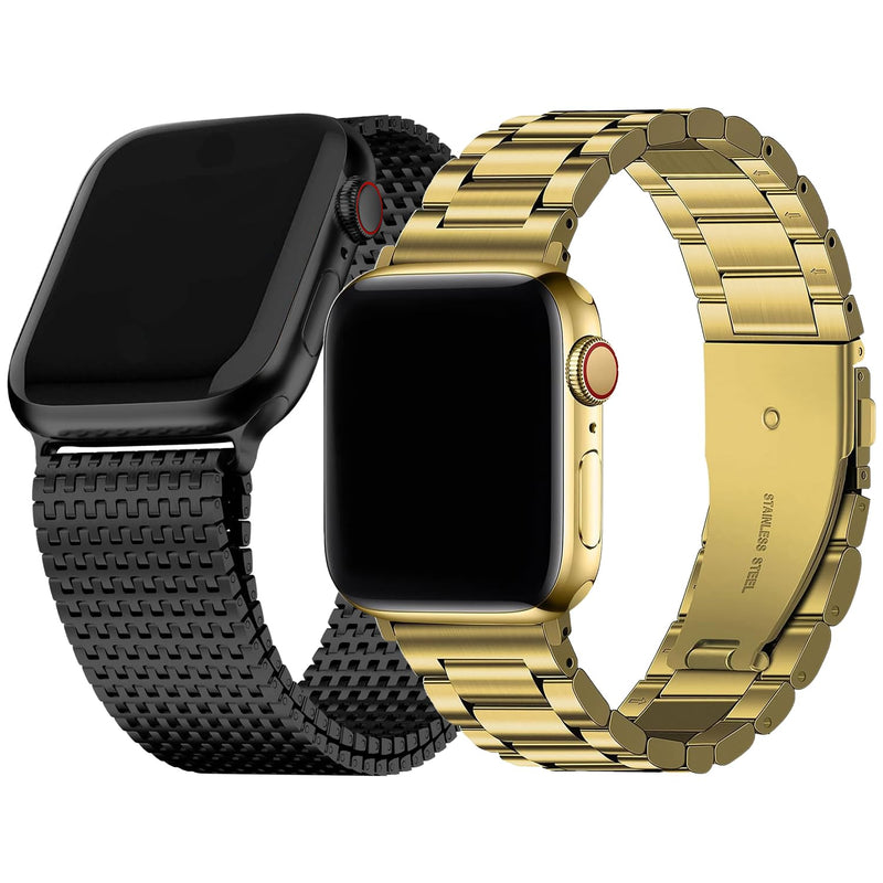 Fullmosa Compatible Metal Mesh Apple Watch Band 44mm/45mm/42mm Black with Case & Compatible Stainless Steel Apple Watch Band 44mm/45mm/42mm,Gold