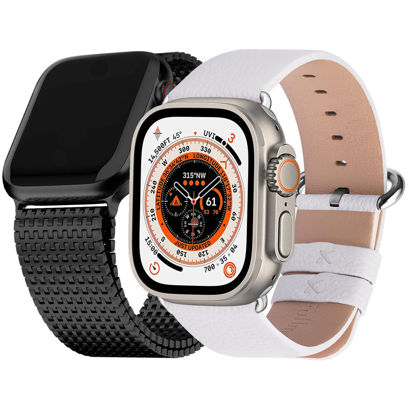 Fullmosa Compatible Metal Mesh Apple Watch Band 44mm/45mm/42mm Black with Case & Compatible Leather Apple Watch Band 44mm/45mm/42mm,White
