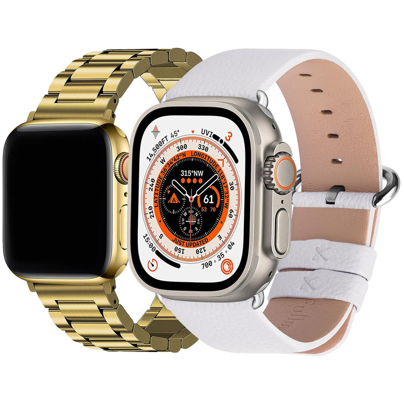 Fullmosa Compatible Stainless Steel Apple Watch Band 44mm/45mm/42mm Golden with Case & Compatible Leather Apple Watch Band 44mm/45mm/42mm, White