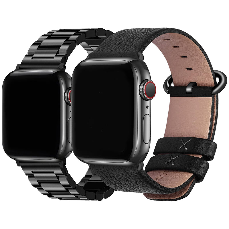 Fullmosa Compatible Stainless Steel Apple Watch Band Ultra/Ultra2 49mm Black with Case & Compatible Leather Apple Watch Band Ultra/Ultra2 49mm,Black