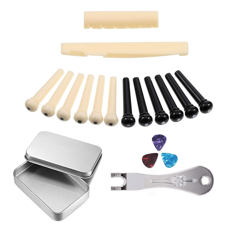 14pcs 6 String Acoustic Guitar Bridge Saddle and Pins Sets,with 3 Guitar Picks and Stainless Steels Pin Puller, 1Guitar Accessories Box 14pcs Bridge Saddle+Stainless steels Pin Puller