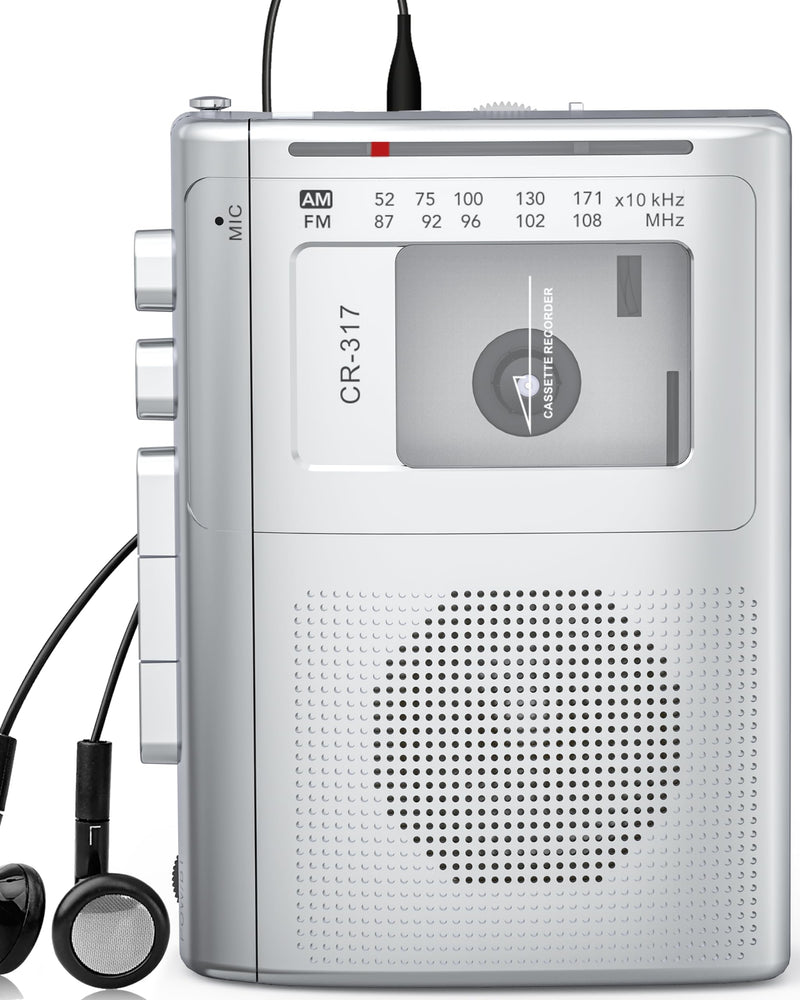 Cassette Player Recorder with Bluetooth Transmitter Walkman, Portable AM FM Cassette Player with Big Speaker, Stereo Earphone Jack, Support Microphone Recording, 2AA Battery or USB Power for Home Silver
