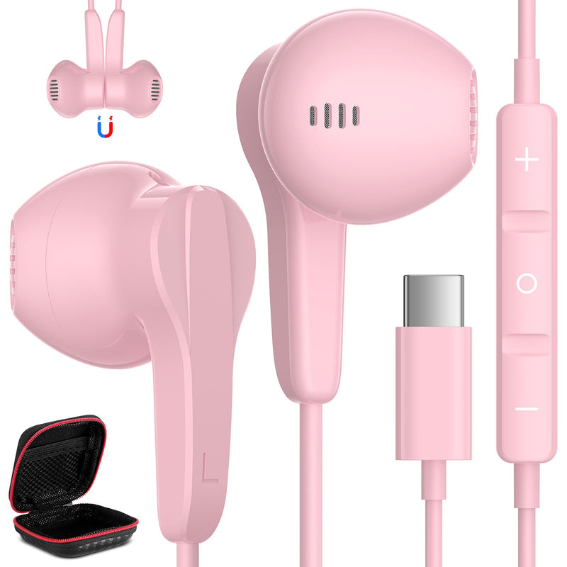 USB C Headphones for iPhone 15 Pro Max Plus iPad Air, Type C Earphones with Mic HiFi Stereo Magnetic USBC Wired Earbuds for Samsung Galaxy S24 Ultra A35 S23 Fe S22+ Flip Fold 5 Pixel 8A 8 7 Pro, Pink