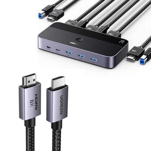 UGREEN USB 3.0 HDMI KVM Switch with 4 USB 3.0 Ports (3 USB-A+1 USB-C) 4K@60Hz Bundle with 8K HDMI 2.1 Cable 48Gbps 6.6FT, Certified Ultra High Speed Cord Aluminum, 4K@240Hz 120Hz 8K@60Hz