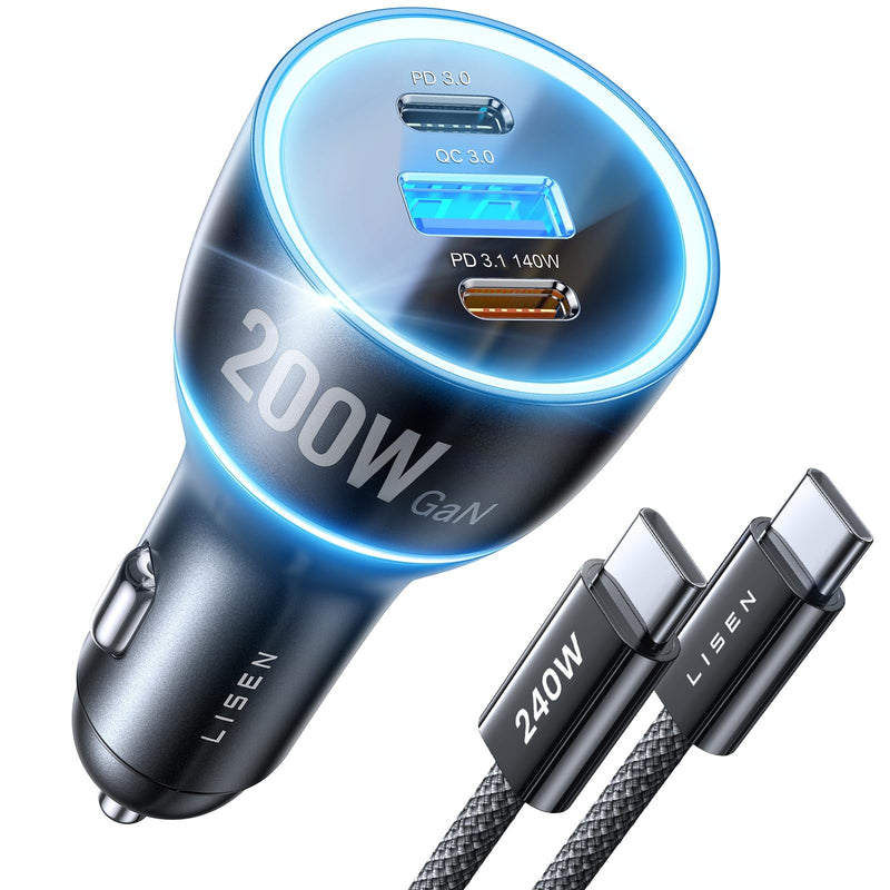 LISEN 200W Car Charger USB C Fast Charge [GaN] PD 140W Fast Car Charger | USB C, Cigarette Lighter Adapter for Multi Device, for iPhone 17 16 15 14 13 12, MacBook Pro, Laptop, iPad, Samsung S26 S25