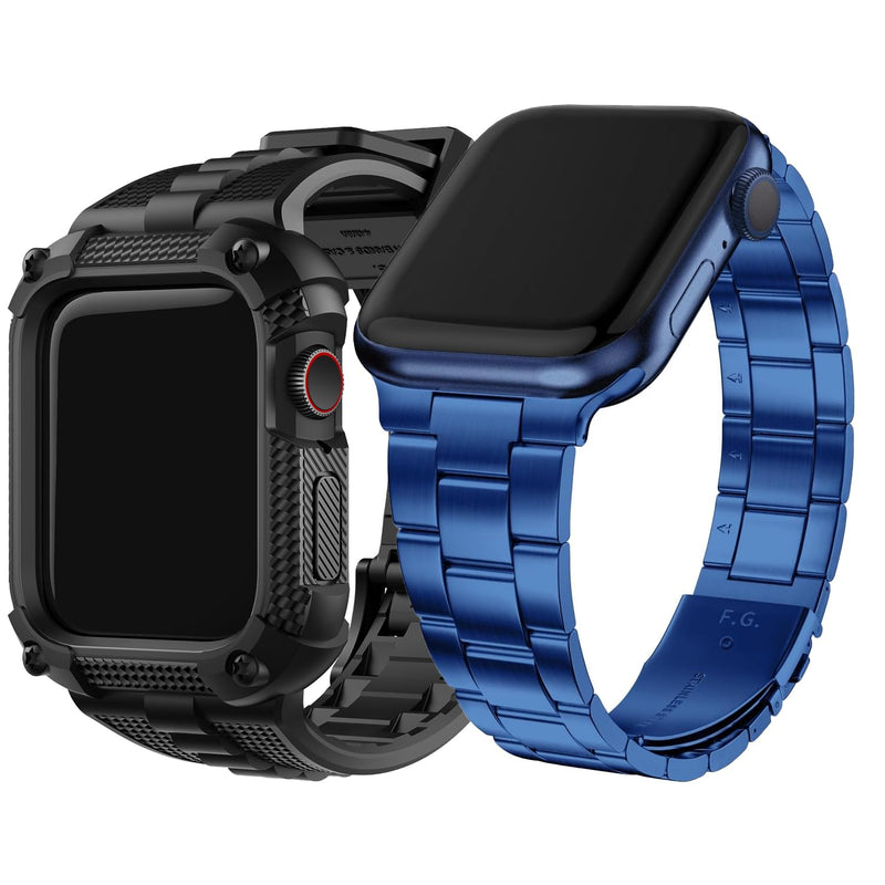 Fullmosa Compatible Silicone Apple Watch Band with Case 45mm Black & Compatible Metal Apple Watch Band with Case 45mm,Blue