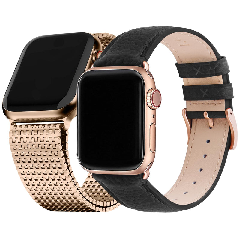 Fullmosa Compatible Metal Mesh Apple Watch Band 44mm/45mm/42mm Rose Gold with Case & Compatible Leather Apple Watch Band 44mm/45mm/42mm,Black+Rose Gold