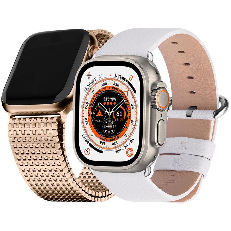 Fullmosa Compatible Metal Mesh Apple Watch Band 44mm/45mm/42mm Rose Gold with Case & Compatible Leather Apple Watch Band 44mm/45mm/42mm,White